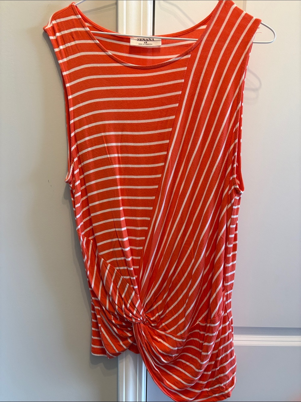 Zenana Outfitters Orange and White Striped Twist-Front Sleeveless Tank